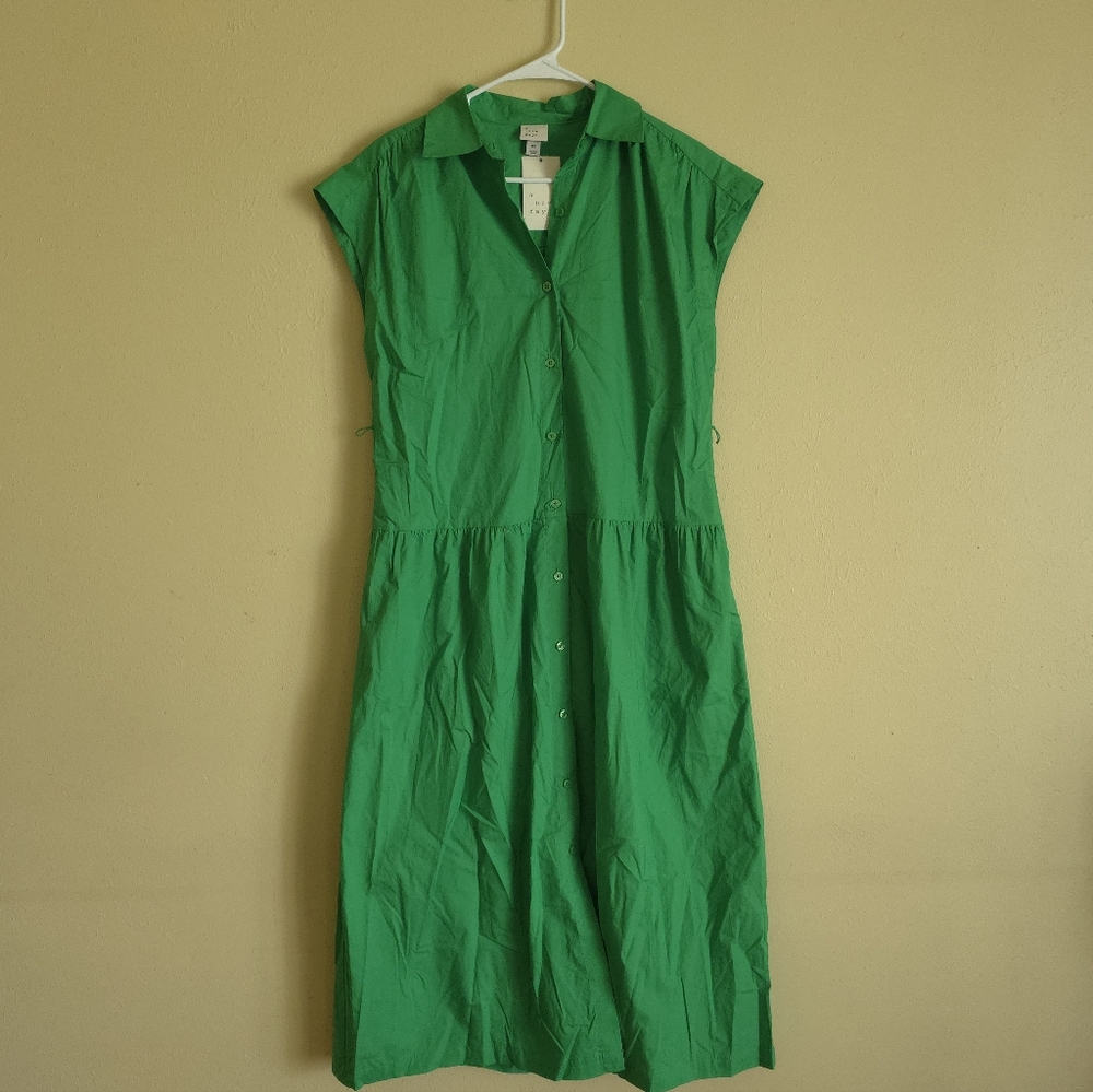 Green Midi Dress 100% Cotton Button Down Short Sleeve Collared |  A New Day